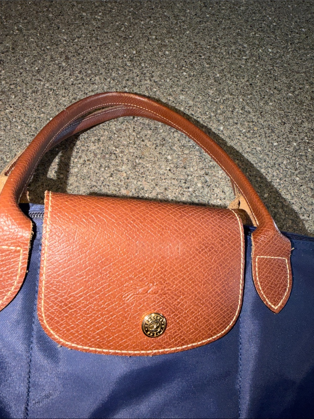 Longchamp Le Pliage Navy Tote with Brown Leather Trim - Authentic - Picture 2 of 8